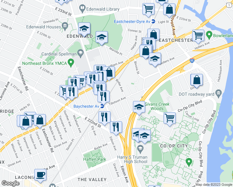 map of restaurants, bars, coffee shops, grocery stores, and more near 3434 1/2 Boller Avenue in Bronx