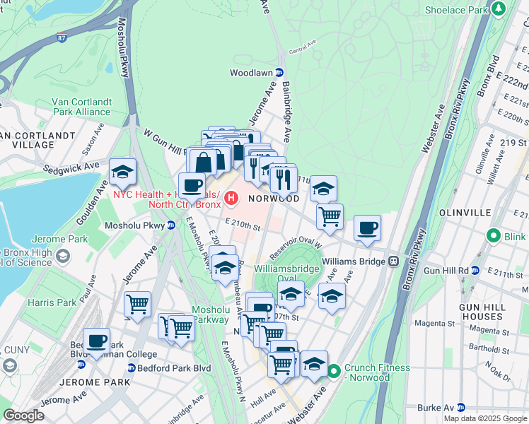 map of restaurants, bars, coffee shops, grocery stores, and more near 111 East 210th Street in Bronx