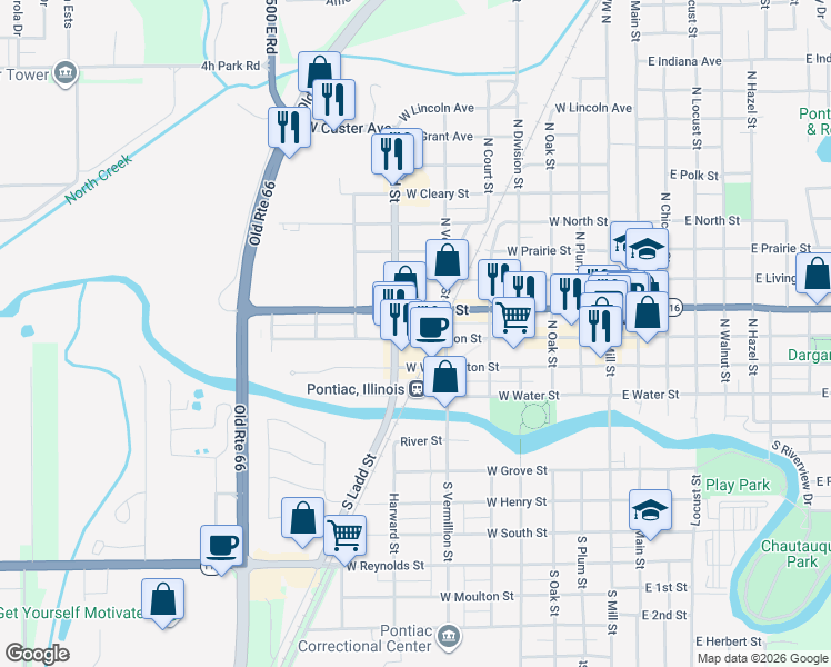 map of restaurants, bars, coffee shops, grocery stores, and more near 800 West Howard Street in Pontiac