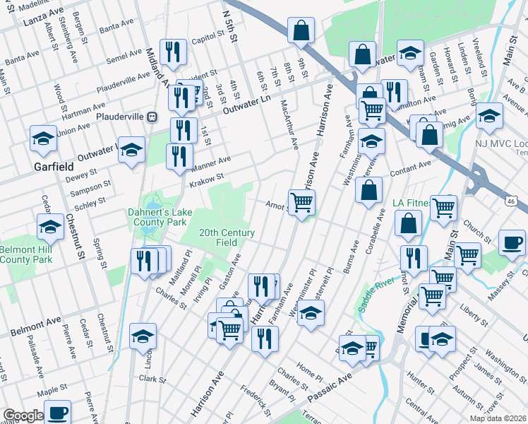 map of restaurants, bars, coffee shops, grocery stores, and more near 303 Malcolm Avenue in Garfield
