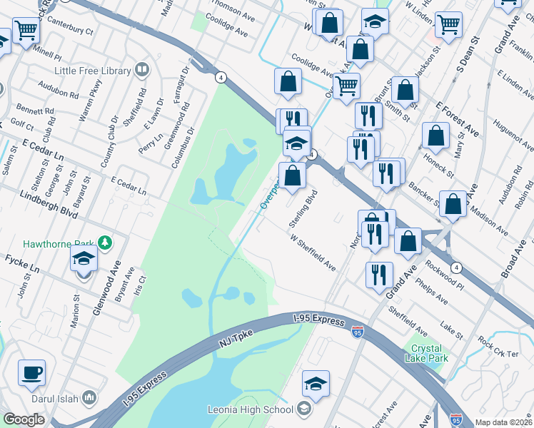 map of restaurants, bars, coffee shops, grocery stores, and more near 127 West Sheffield Avenue in Englewood