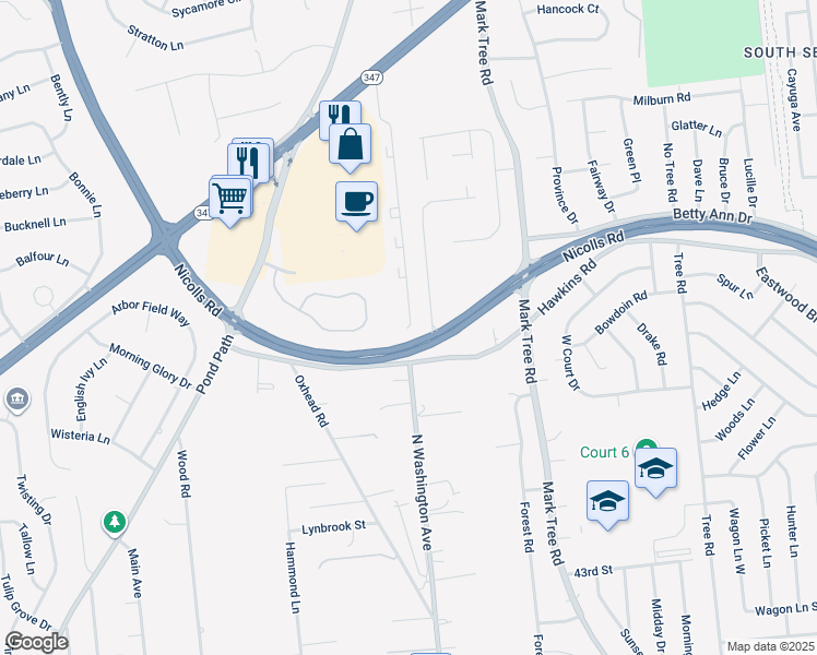 map of restaurants, bars, coffee shops, grocery stores, and more near 121 Emily Drive in Centereach