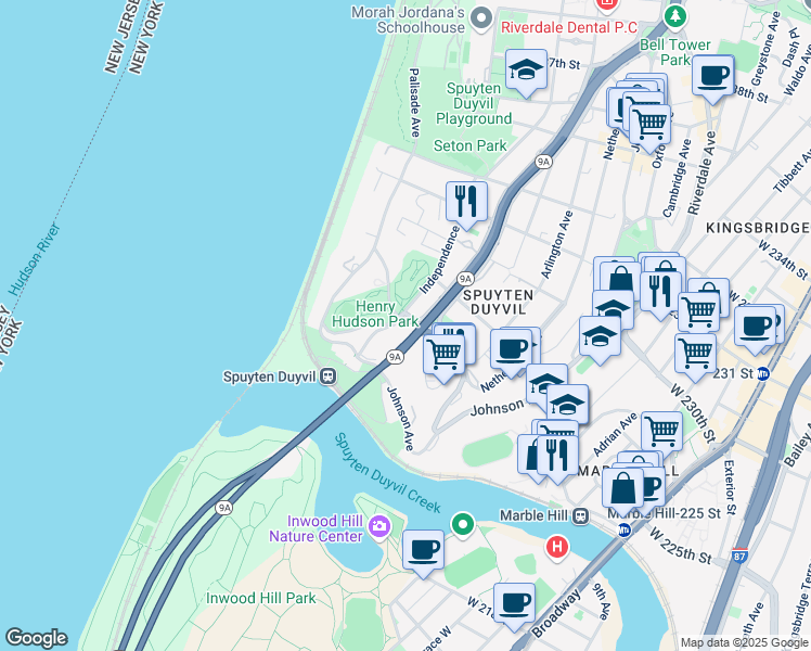 map of restaurants, bars, coffee shops, grocery stores, and more near 666 Kappock Street in Bronx