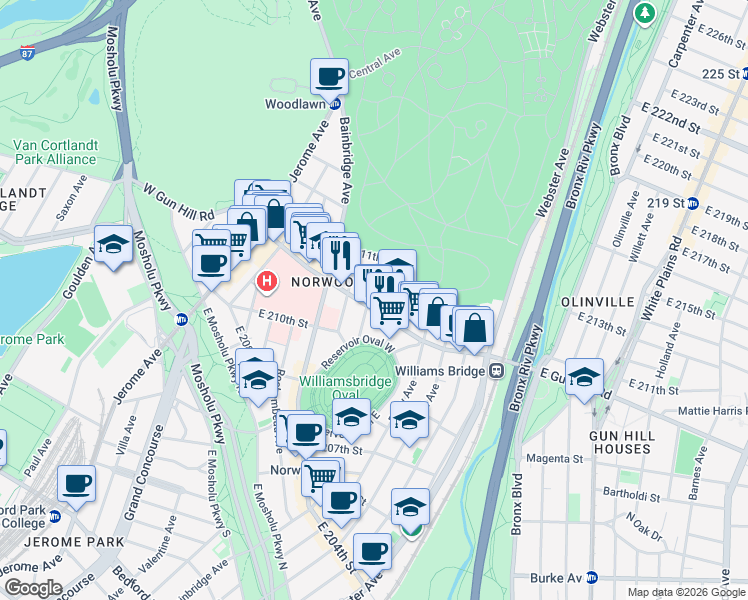 map of restaurants, bars, coffee shops, grocery stores, and more near 3520 Tryon Avenue in Bronx