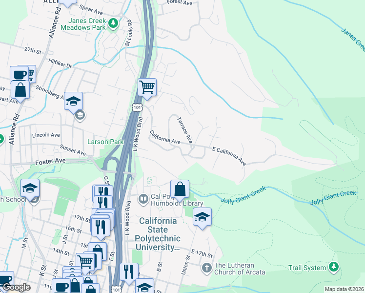 map of restaurants, bars, coffee shops, grocery stores, and more near 2260 Terrace Avenue in Arcata