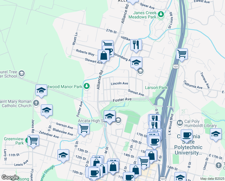 map of restaurants, bars, coffee shops, grocery stores, and more near 2146 Eastern Avenue in Arcata