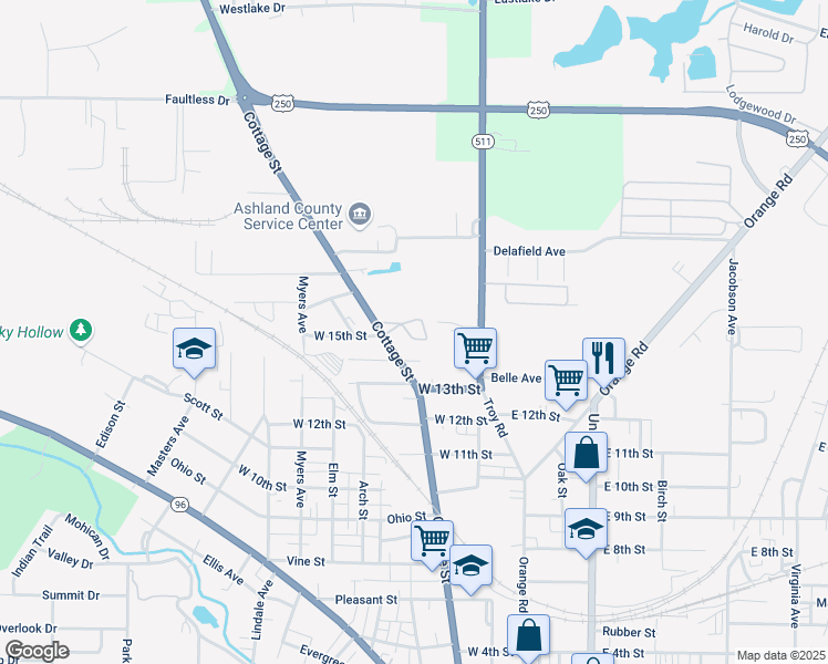 map of restaurants, bars, coffee shops, grocery stores, and more near 1517 Cottage Street in Ashland