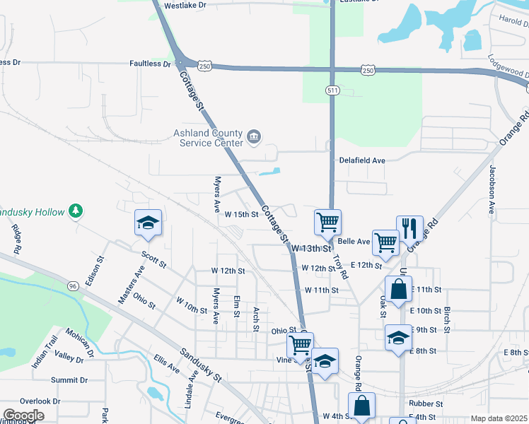 map of restaurants, bars, coffee shops, grocery stores, and more near 1504 Cottage Street in Ashland