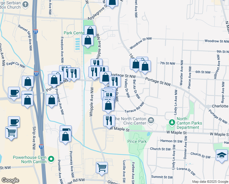 map of restaurants, bars, coffee shops, grocery stores, and more near 347 Sheraton Drive Northwest in North Canton