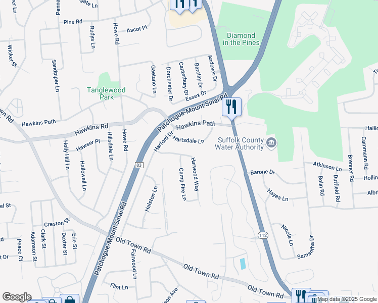map of restaurants, bars, coffee shops, grocery stores, and more near 14 Hartsdale Lane in Coram