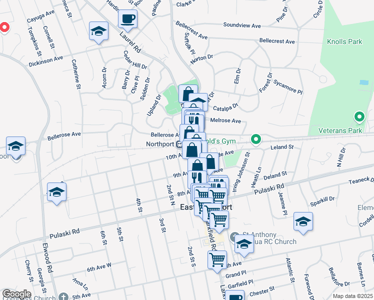 map of restaurants, bars, coffee shops, grocery stores, and more near 19 Laurel Road in East Northport