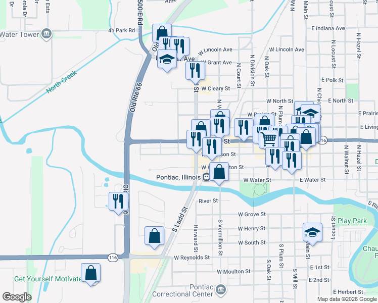 map of restaurants, bars, coffee shops, grocery stores, and more near 800 West Howard Street in Pontiac