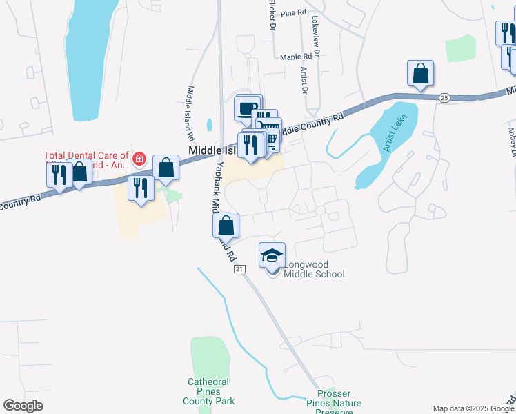 map of restaurants, bars, coffee shops, grocery stores, and more near 130 Fairview Circle in Middle Island