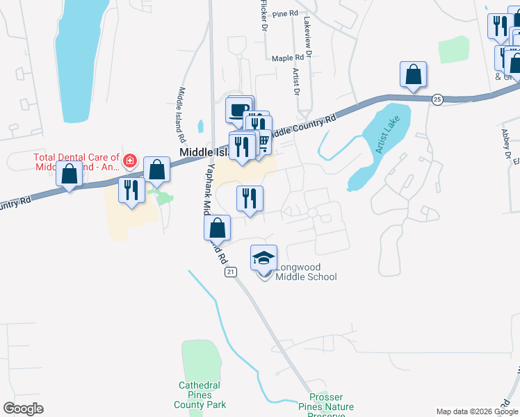 map of restaurants, bars, coffee shops, grocery stores, and more near 135 Fairview Circle in Middle Island