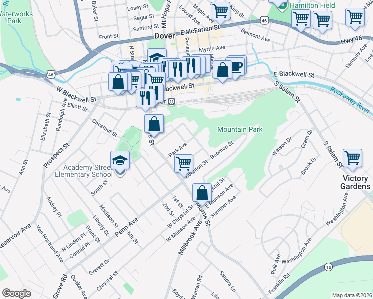 map of restaurants, bars, coffee shops, grocery stores, and more near 43 Park Avenue in Dover