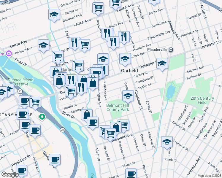 map of restaurants, bars, coffee shops, grocery stores, and more near 474 Palisade Avenue in Garfield