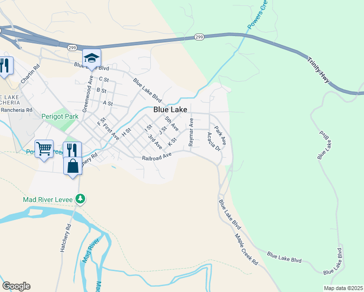 map of restaurants, bars, coffee shops, grocery stores, and more near Raymar Avenue in Blue Lake