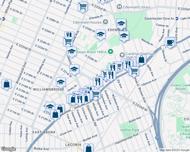 map of restaurants, bars, coffee shops, grocery stores, and more near 1261 East 223rd Street in Bronx