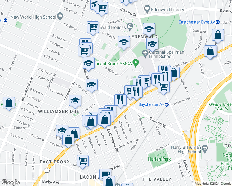 map of restaurants, bars, coffee shops, grocery stores, and more near 1263 East 223rd Street in Bronx
