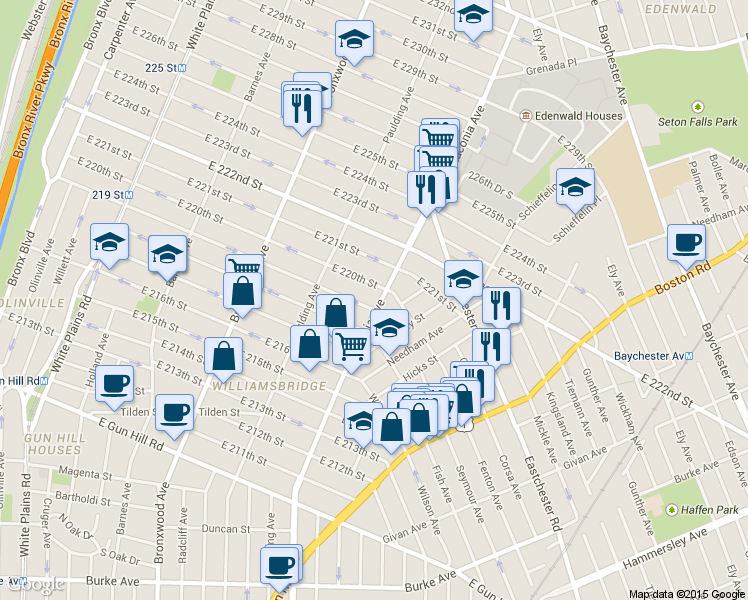 map of restaurants, bars, coffee shops, grocery stores, and more near 1048 East 220th Street in Bronx