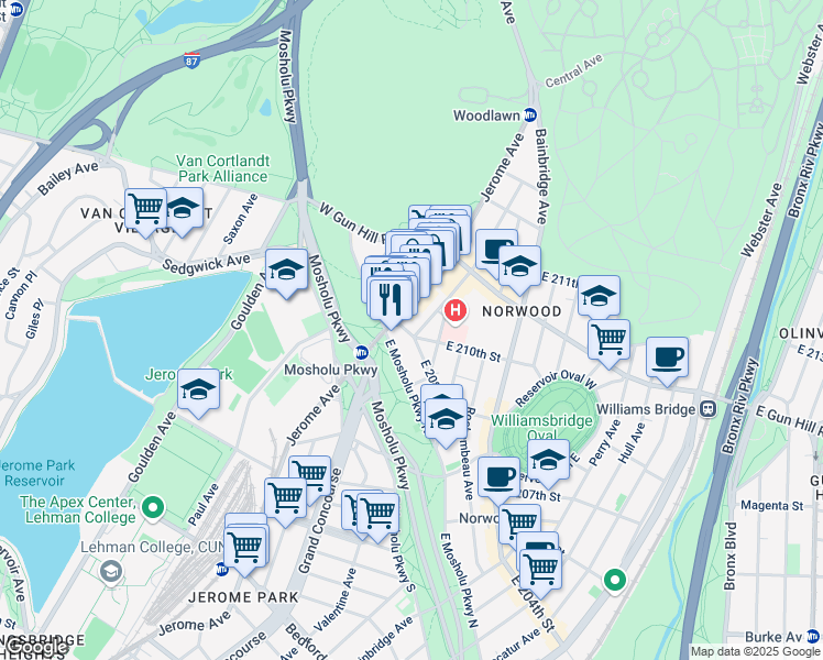 map of restaurants, bars, coffee shops, grocery stores, and more near 3421 Dekalb Avenue in Bronx