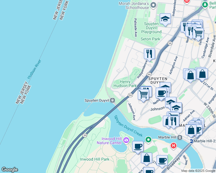 map of restaurants, bars, coffee shops, grocery stores, and more near 2501 Palisade Avenue in The Bronx