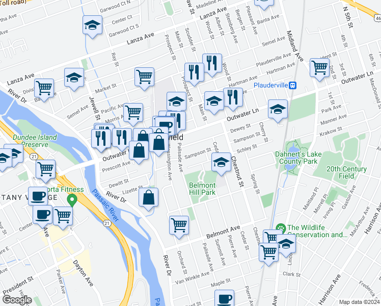 map of restaurants, bars, coffee shops, grocery stores, and more near 474 Palisade Avenue in Garfield