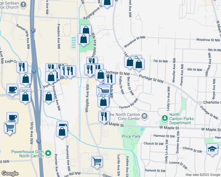 map of restaurants, bars, coffee shops, grocery stores, and more near 410 Sheraton Drive Northwest in North Canton