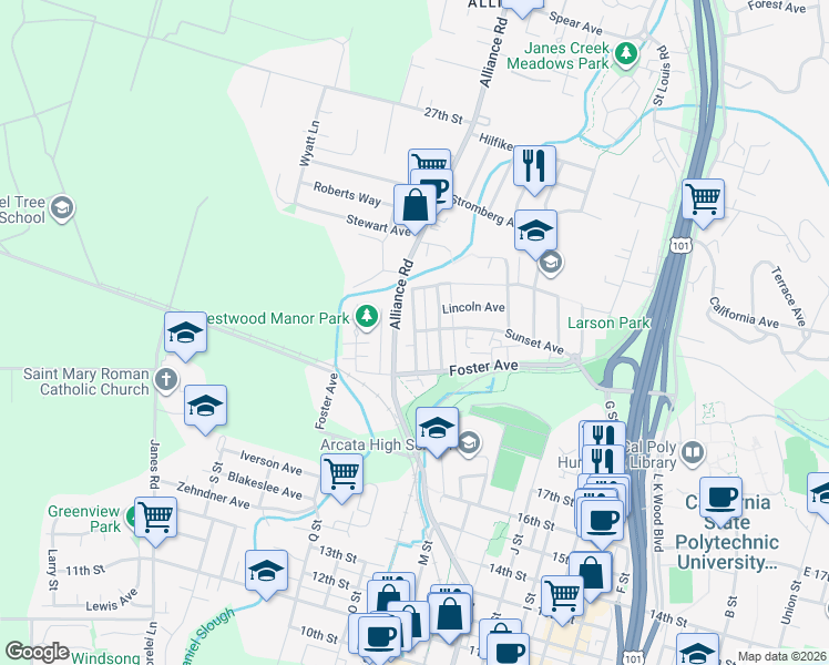 map of restaurants, bars, coffee shops, grocery stores, and more near Sunset Ave & Western Ave in Arcata