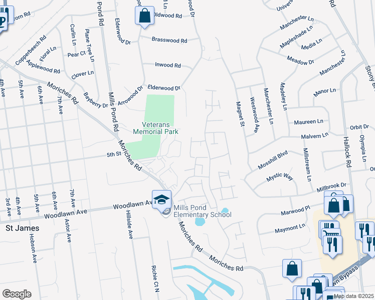 map of restaurants, bars, coffee shops, grocery stores, and more near 902 Fenway Road in Saint James