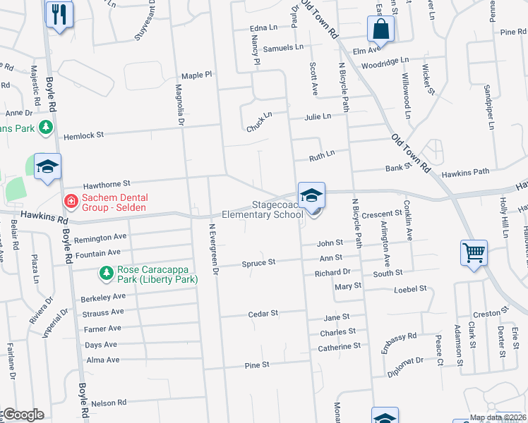 map of restaurants, bars, coffee shops, grocery stores, and more near 558 Hawkins Road in Selden