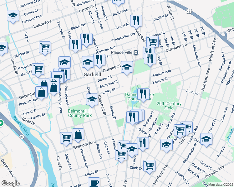 map of restaurants, bars, coffee shops, grocery stores, and more near 135 Schley Street in Garfield