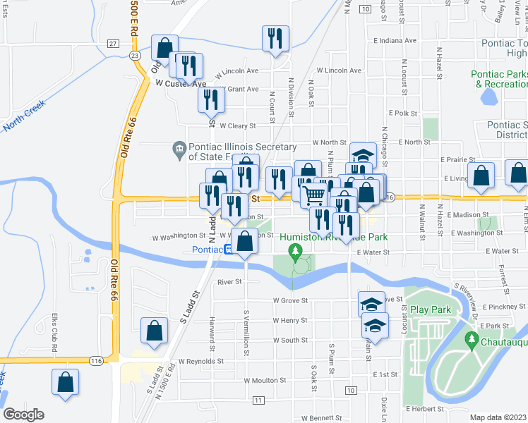 map of restaurants, bars, coffee shops, grocery stores, and more near 611 West Madison Street in Pontiac