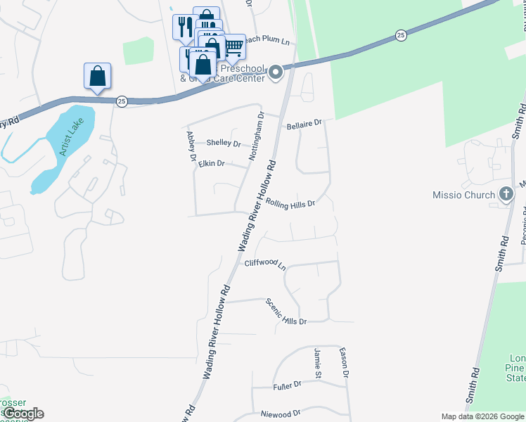 map of restaurants, bars, coffee shops, grocery stores, and more near 2 Rolling Hills Drive in Ridge
