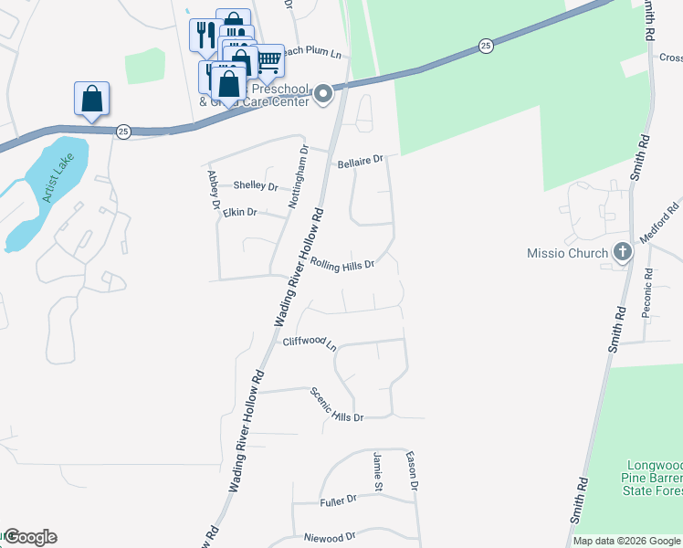 map of restaurants, bars, coffee shops, grocery stores, and more near 10 Rolling Hills Drive in Ridge