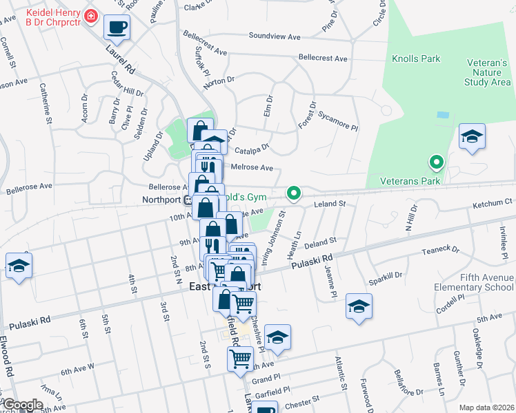 map of restaurants, bars, coffee shops, grocery stores, and more near 180 Bellerose Avenue in East Northport