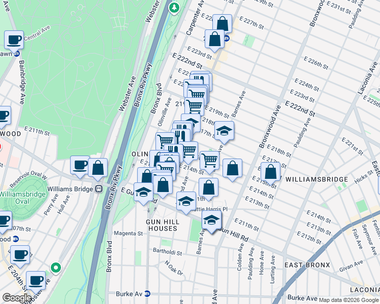 map of restaurants, bars, coffee shops, grocery stores, and more near 722 East 216th Street in Bronx