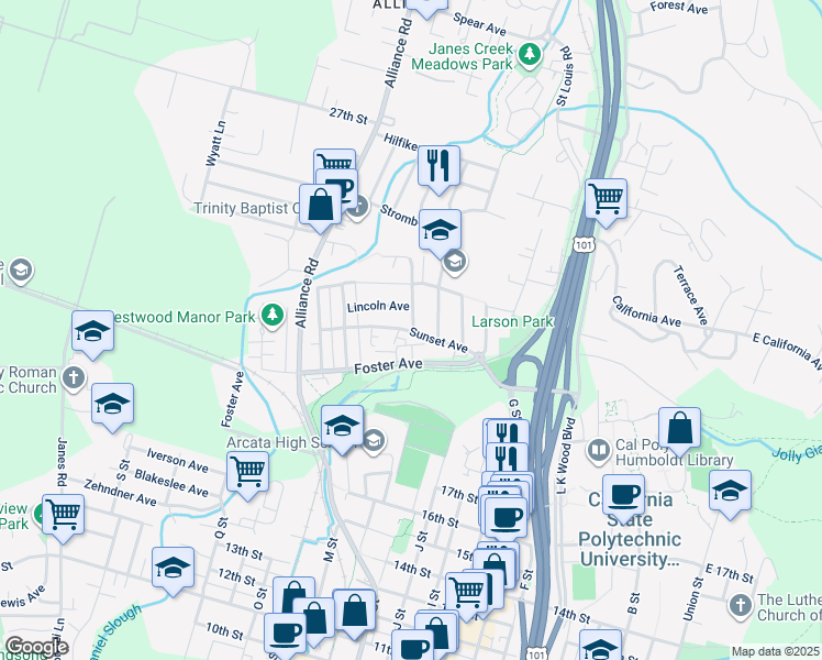 map of restaurants, bars, coffee shops, grocery stores, and more near in Arcata