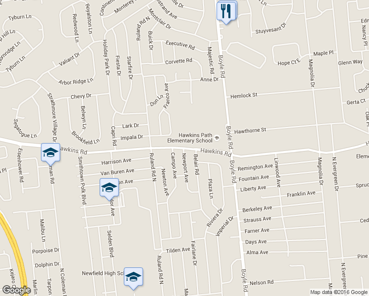 map of restaurants, bars, coffee shops, grocery stores, and more near 435 Hawkins Road in Selden