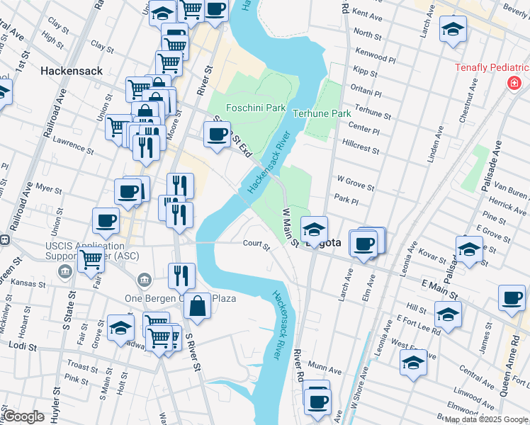 map of restaurants, bars, coffee shops, grocery stores, and more near 253 West Fort Lee Road in Bogota