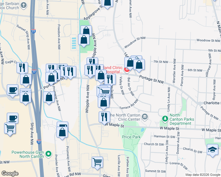 map of restaurants, bars, coffee shops, grocery stores, and more near 349 Sheraton Drive Northwest in North Canton