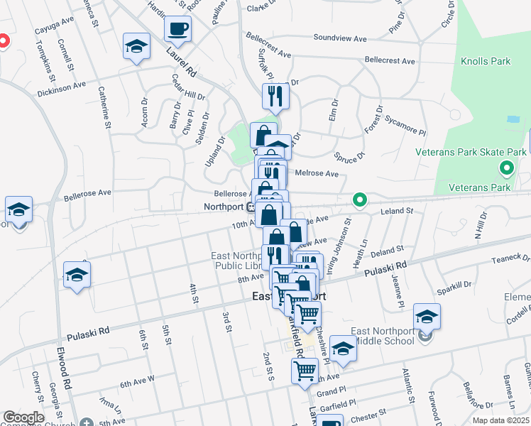 map of restaurants, bars, coffee shops, grocery stores, and more near 19 Laurel Road in East Northport
