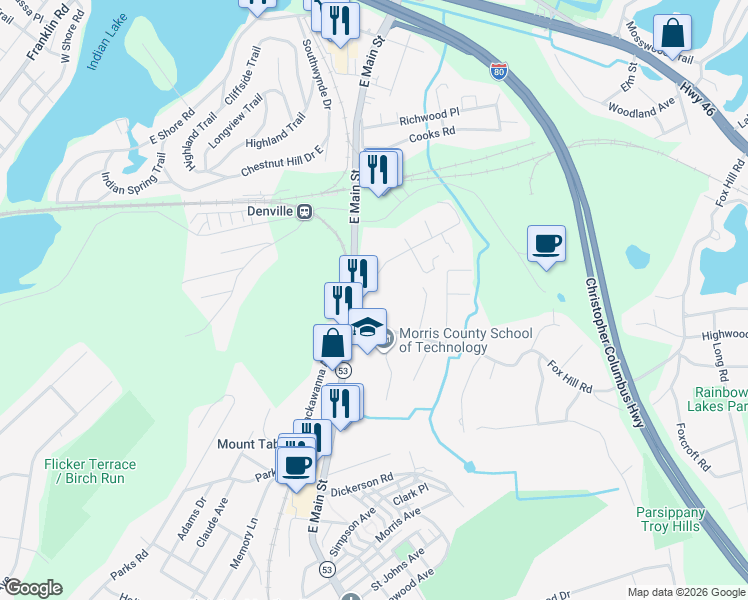 map of restaurants, bars, coffee shops, grocery stores, and more near 20 Manor Road in Denville