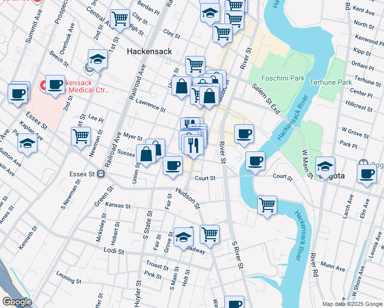 map of restaurants, bars, coffee shops, grocery stores, and more near 11 Atlantic Street in Hackensack
