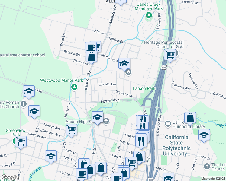 map of restaurants, bars, coffee shops, grocery stores, and more near 1323 Sunset Avenue in Arcata