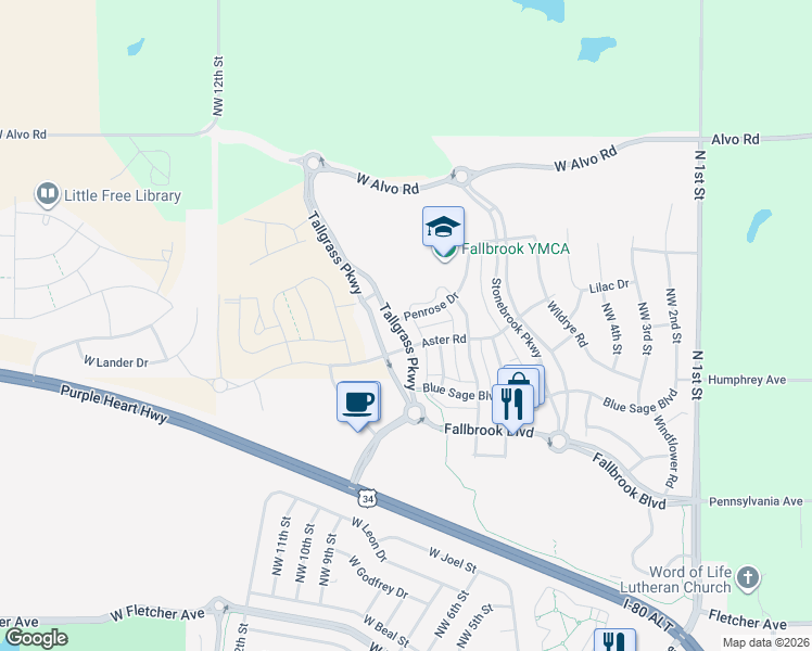 map of restaurants, bars, coffee shops, grocery stores, and more near 845 Penrose Drive in Lincoln