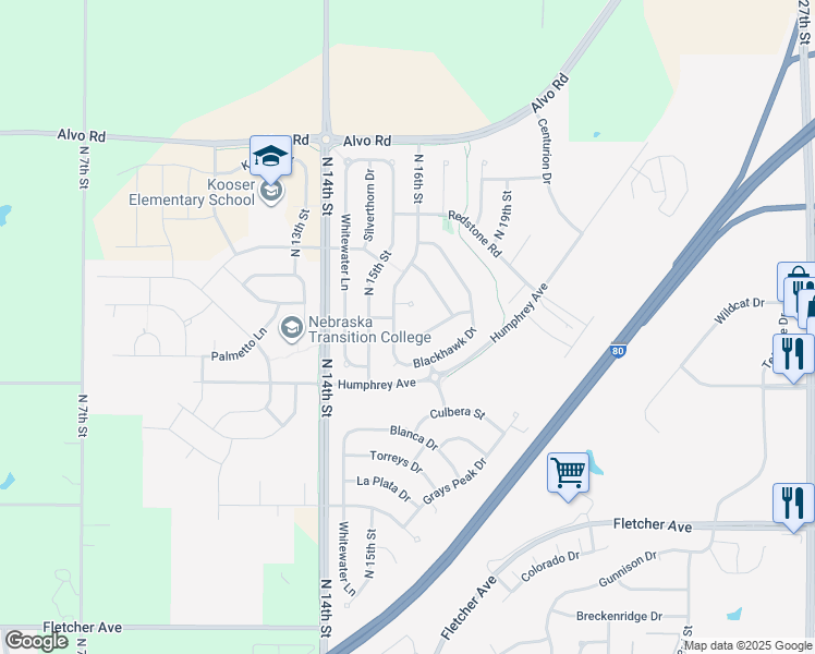 map of restaurants, bars, coffee shops, grocery stores, and more near 1608 Frisco Drive in Lincoln