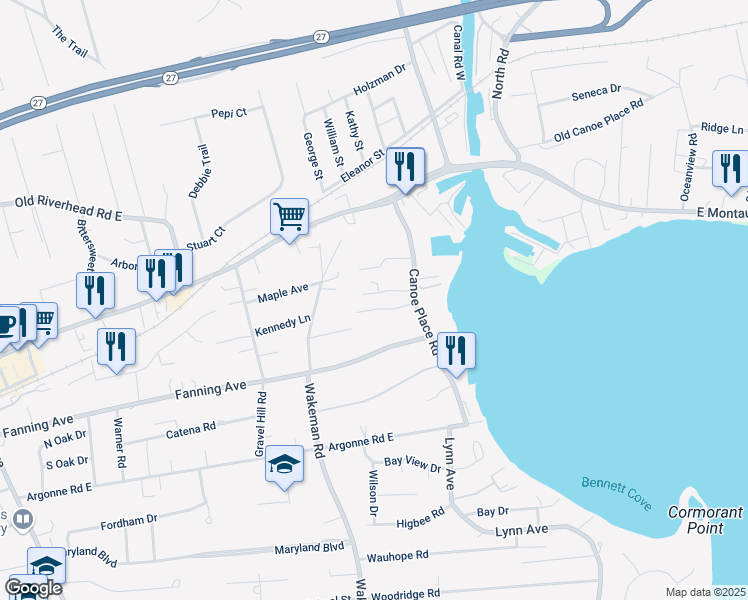 map of restaurants, bars, coffee shops, grocery stores, and more near 26C Canoe Place Road in Sound Beach