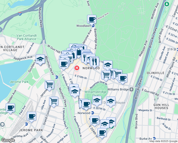 map of restaurants, bars, coffee shops, grocery stores, and more near 3457 Bainbridge Avenue in The Bronx