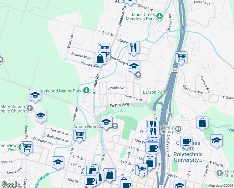 map of restaurants, bars, coffee shops, grocery stores, and more near 1285-1315 Lincoln Avenue in Arcata